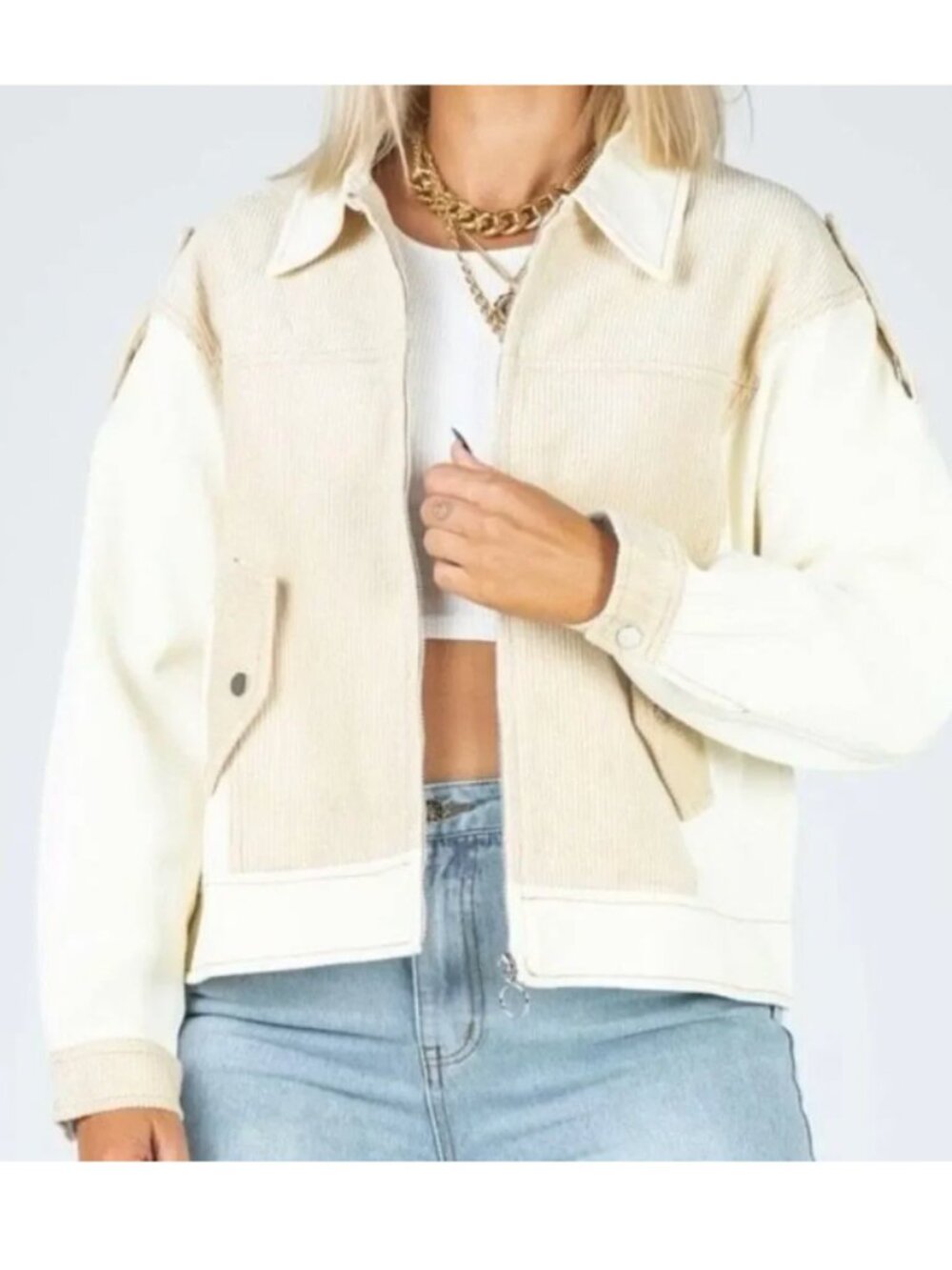 Princess Polly Oversized Jean Jacket Corduroy Zip Bomber Cream Cotton M-L